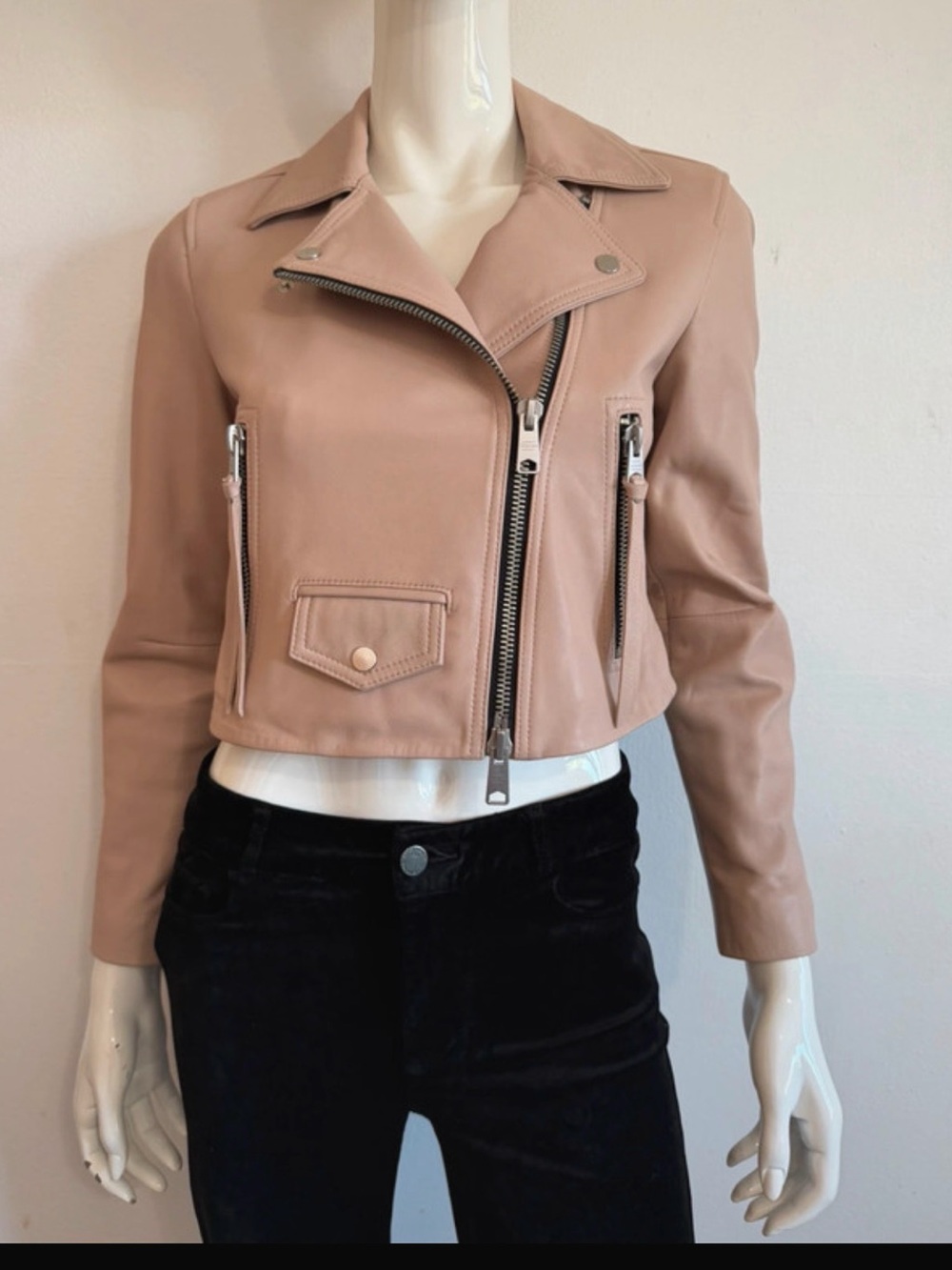 All Saints Blush Cropped Leather Moto Jacket